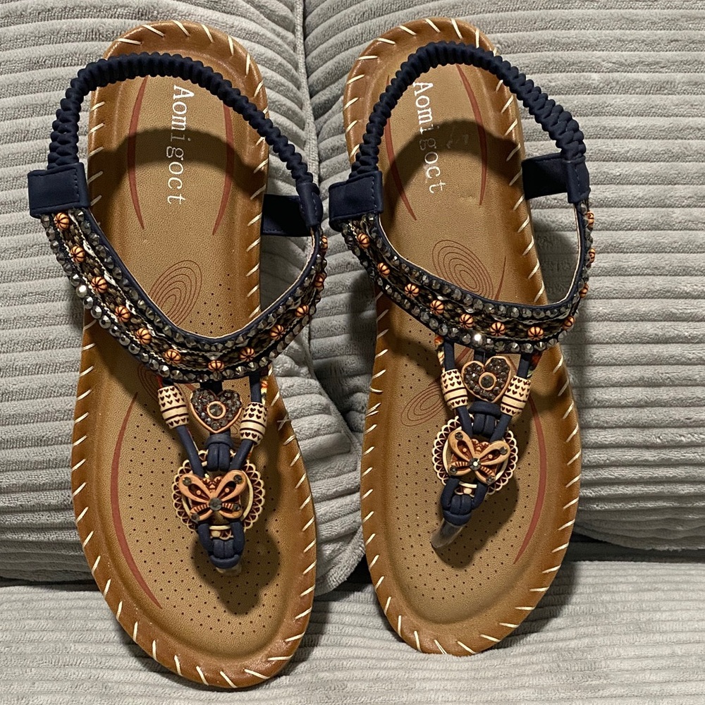 Women's Beaded Sandals - Navy and Tan